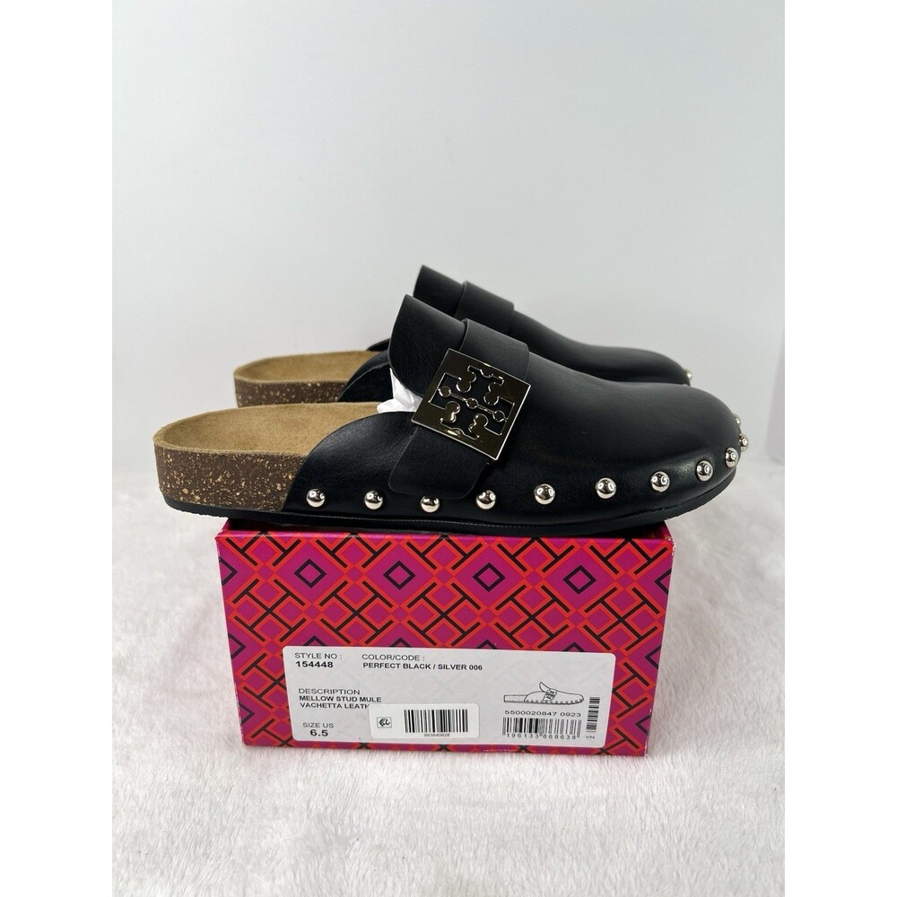 Tory Burch Mellow Stud Mule Black Silver Vachetta Leather Womens Size 6.5 New
